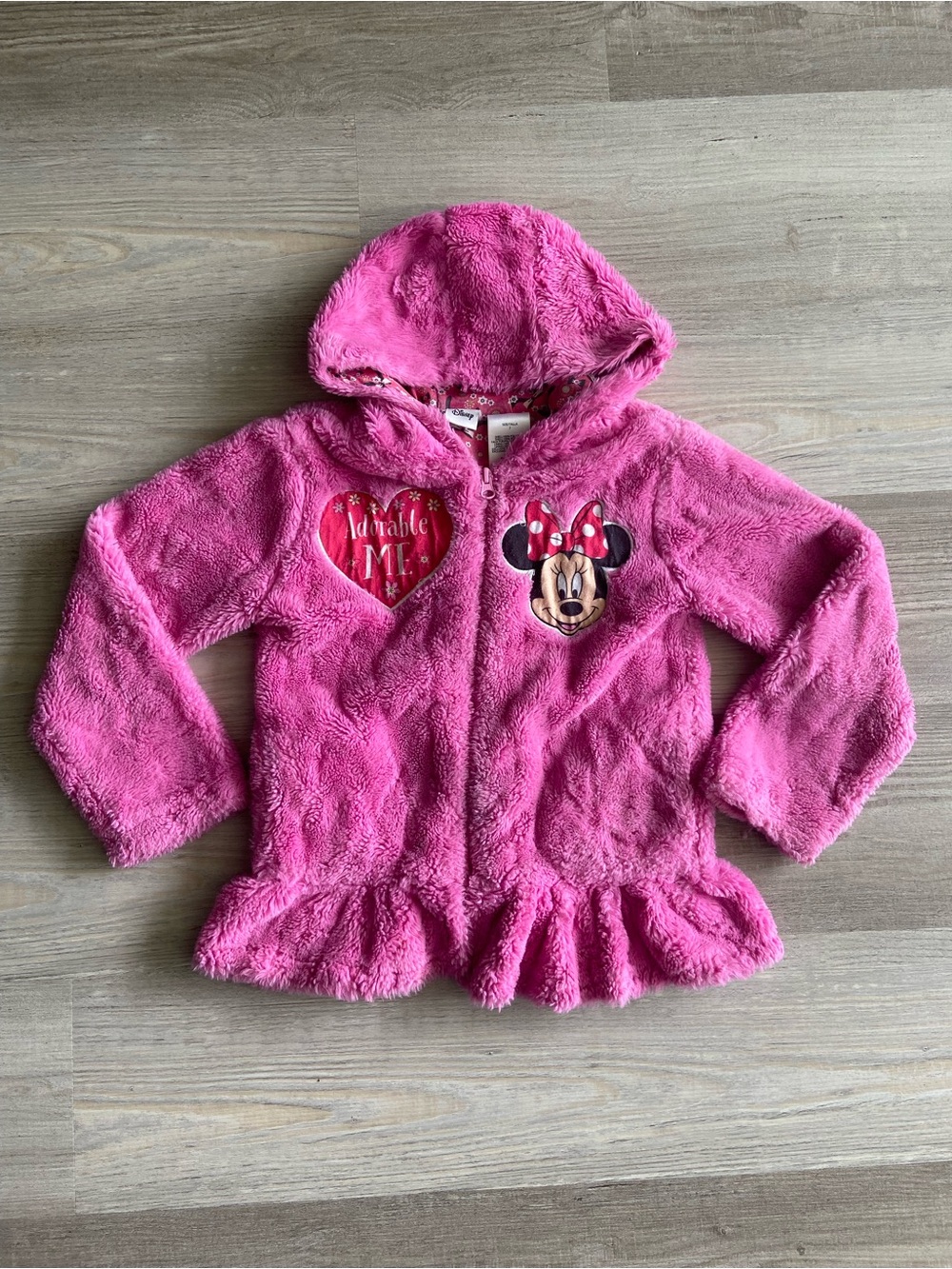 Disney Minnie Mouse Pink Plush Faux Fur Zip Up Hooded Jacket Size 7